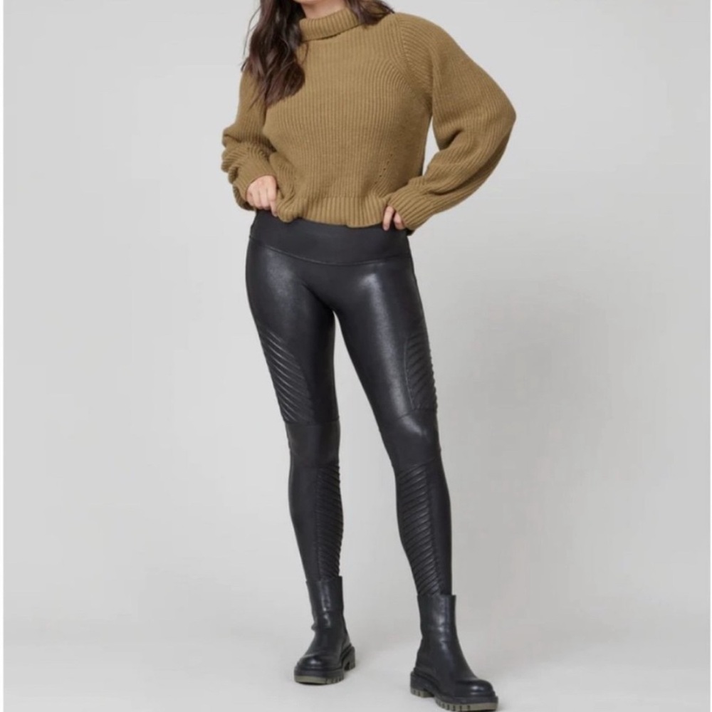 SPANX Faux leather black metallic ribbed moto leggings